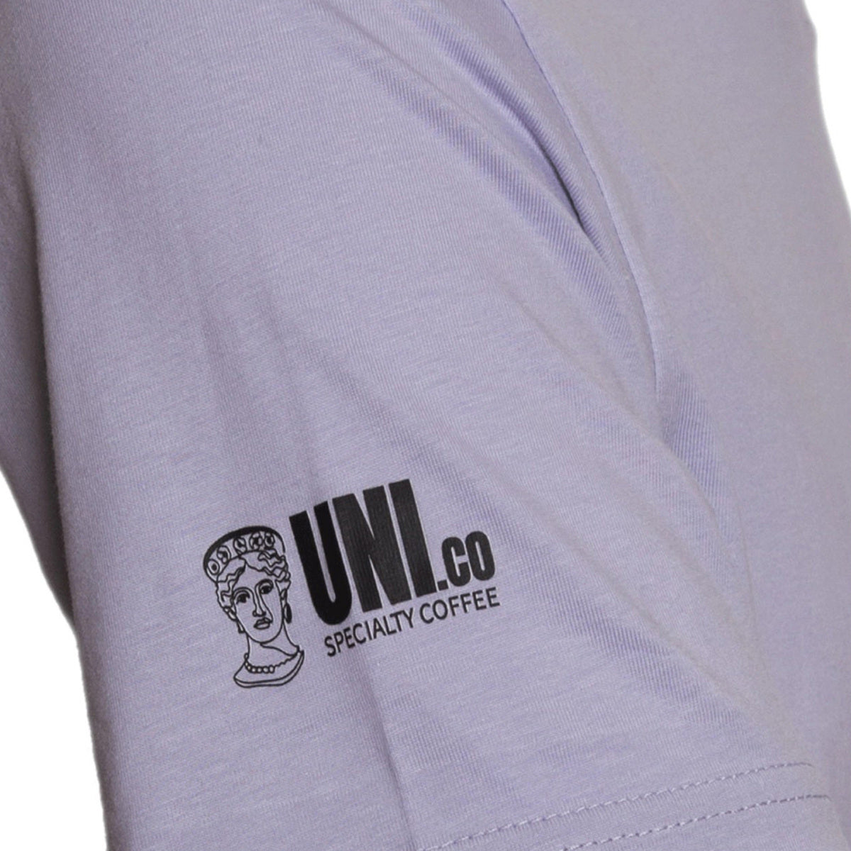 T-Shirt Connected by Coffee - Lavender Organic Cotton - Sleeve Detail Logo - UNICO
