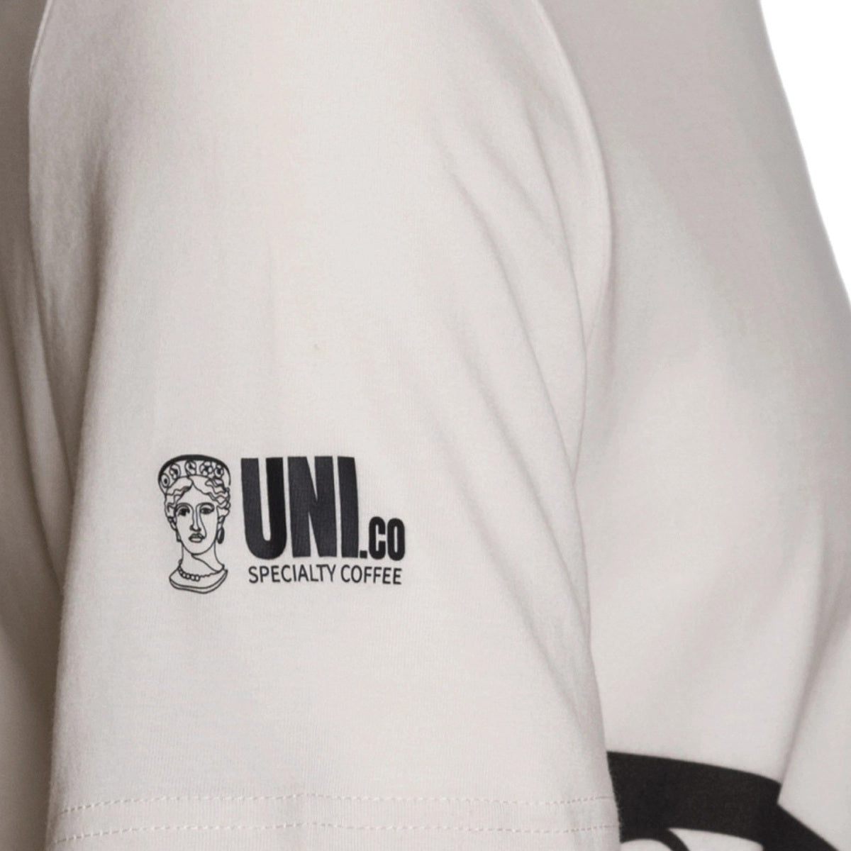 T-Shirt Connected by Coffee - Vintage White Organic Cotton - Sleeve Detail Logo - UNICO